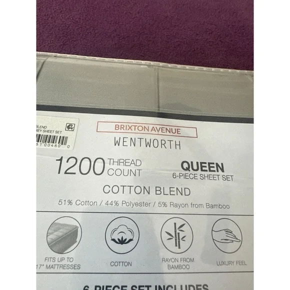 Brixton AvenueWentworth 6 Piece Queen Sized Sheet Set Gray 1200 Thread Count
